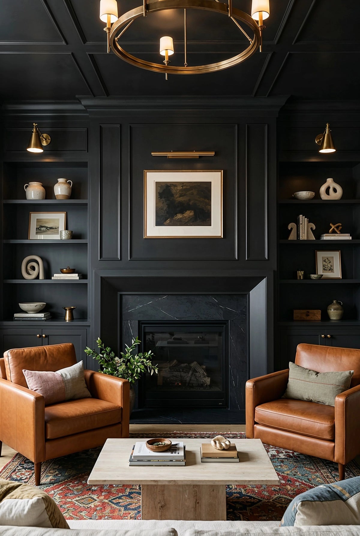 Black living room ideas with a black fireplace and built-in shelving, cognac leather armchairs, brass chandelier and sconces, pale stone coffee table, and colorful patterned rug.