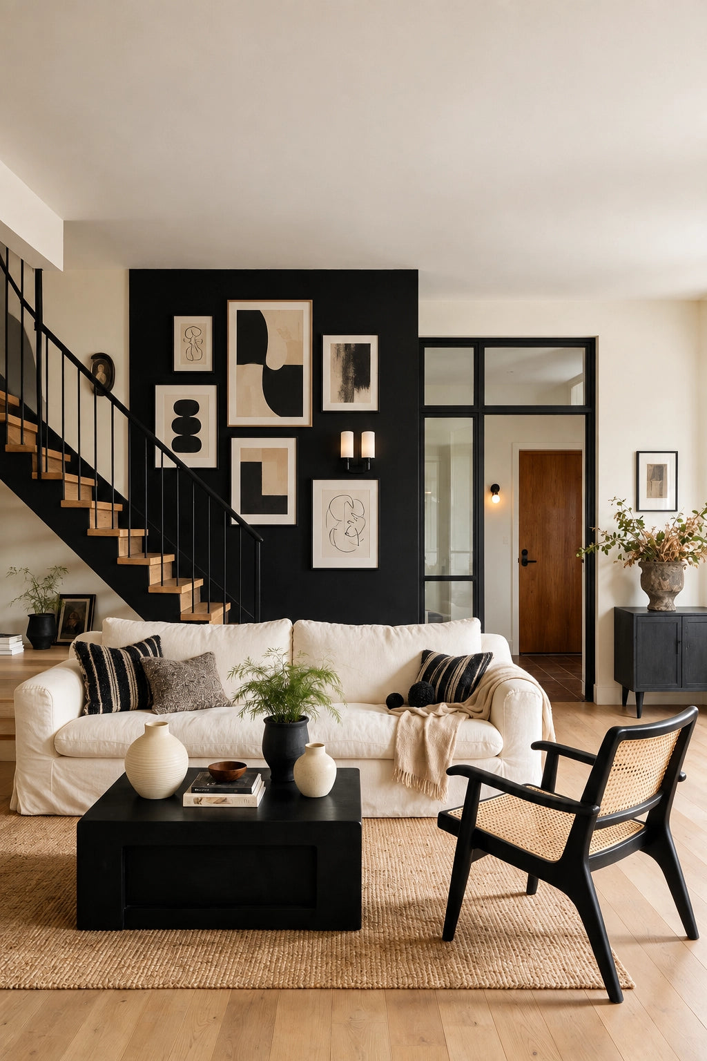 Black living room ideas with a black gallery wall, warm white sofa, modern abstract art, black coffee table, cane accent chair, jute rug, and light wood flooring.