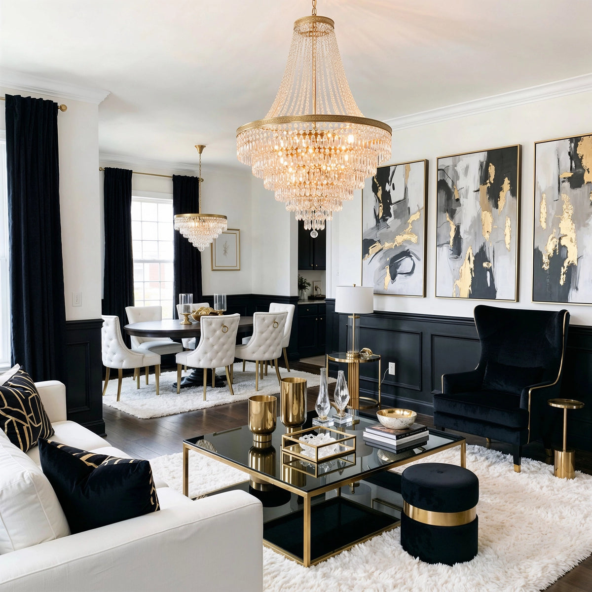 Black living room ideas with black wainscoting, white sofa, black velvet wingback chair, gold-framed glass coffee table, crystal chandelier, black curtains, and black-and-gold abstract wall art.