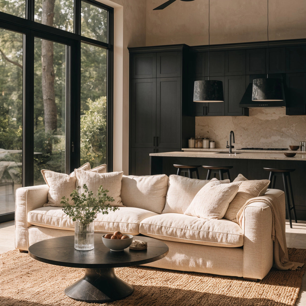 Black living room ideas with matte black kitchen cabinetry, cream linen sofa, beige textured pillows, black pedestal coffee table, woven jute rug, warm stone backsplash, and large black-framed windows.