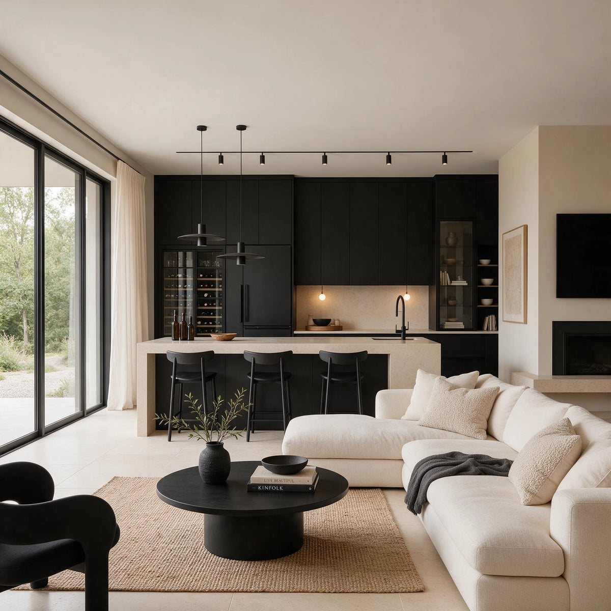 Black living room ideas with matte black kitchen cabinetry, cream sectional sofa, beige textured pillows, black sculptural lounge chair, round black coffee table, woven rug, and large black-framed glass doors.