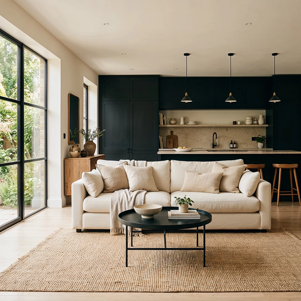 Black living room ideas with matte black kitchen cabinetry, cream sofa, beige textured pillows, black round coffee table, woven jute rug, light wood flooring, and large garden windows.