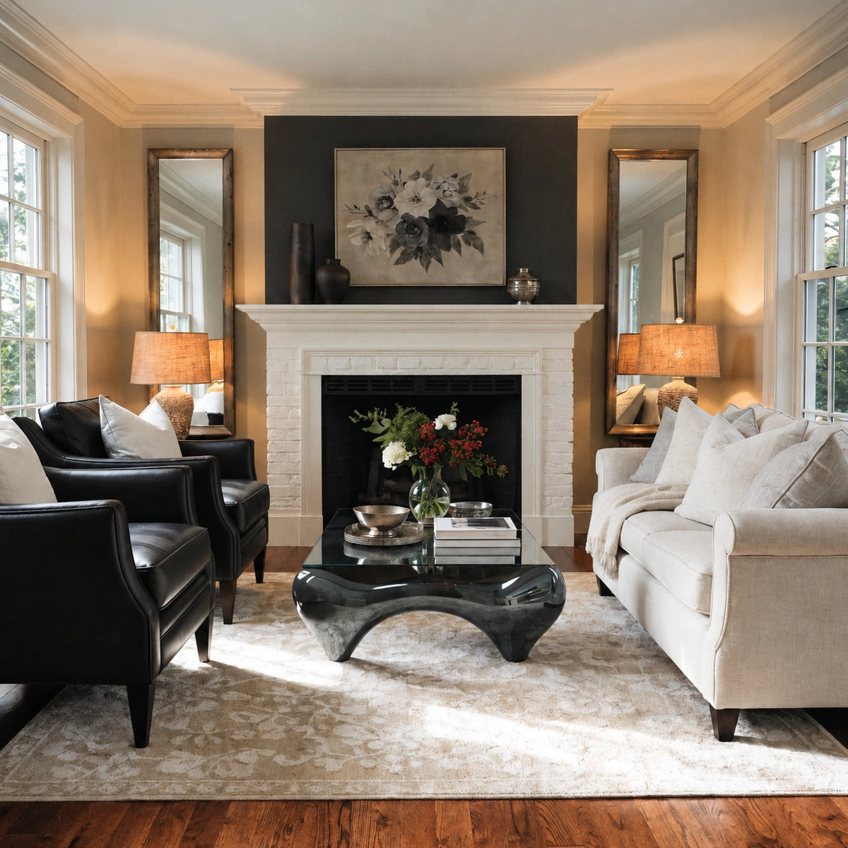 Black living room ideas with black leather accent chairs, warm white brick fireplace, cream sofa, dark accent wall, sculptural black coffee table, and neutral transitional decor.