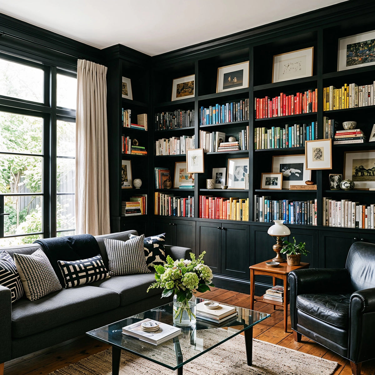 Black living room ideas with floor-to-ceiling black built-in bookshelves, colorful books and framed art, charcoal sofa, black leather chair, glass coffee table, and cream curtains.