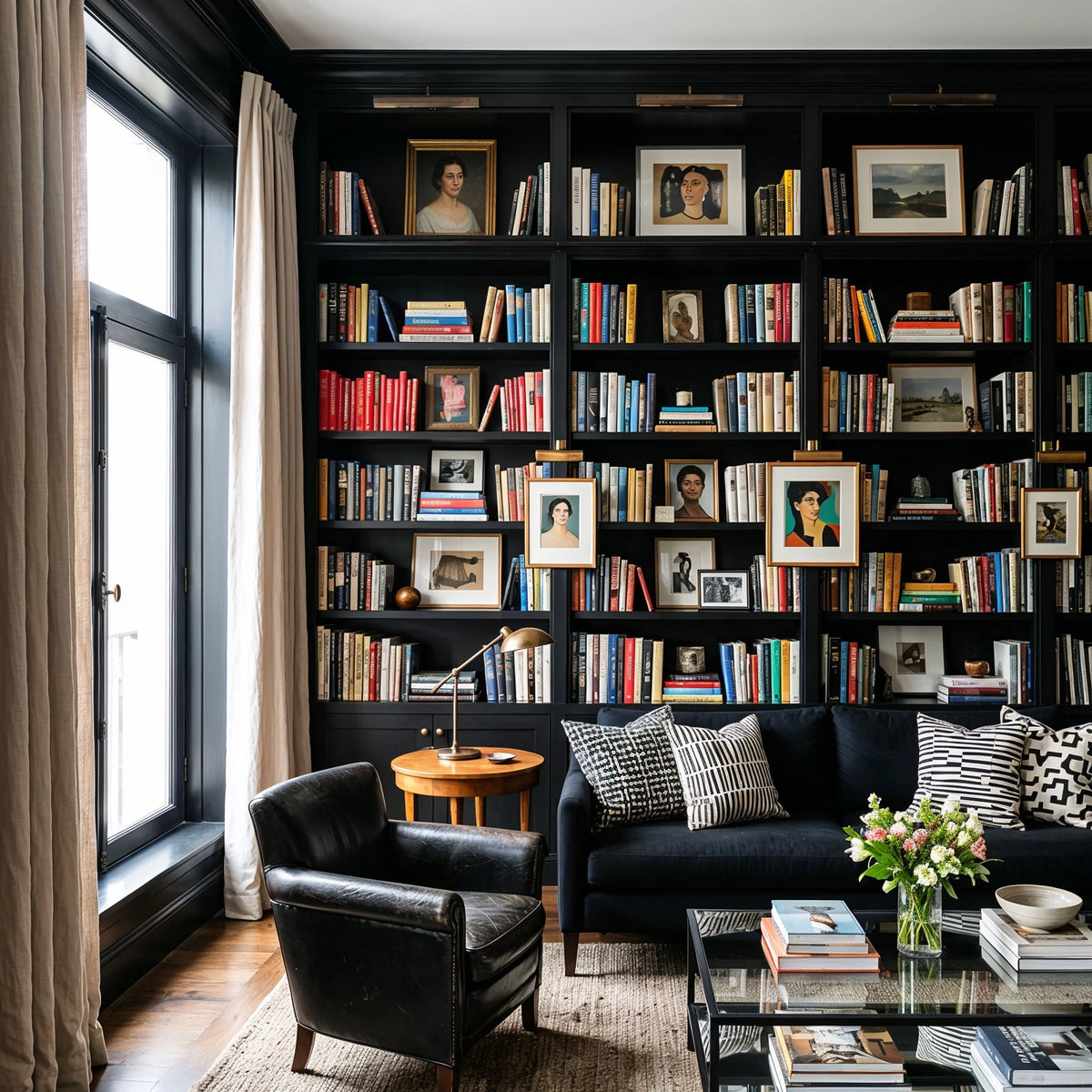 Black living room ideas with floor-to-ceiling black built-in bookshelves, colorful books, layered framed art, black sofa, leather club chair, graphic pillows, and glass coffee table.