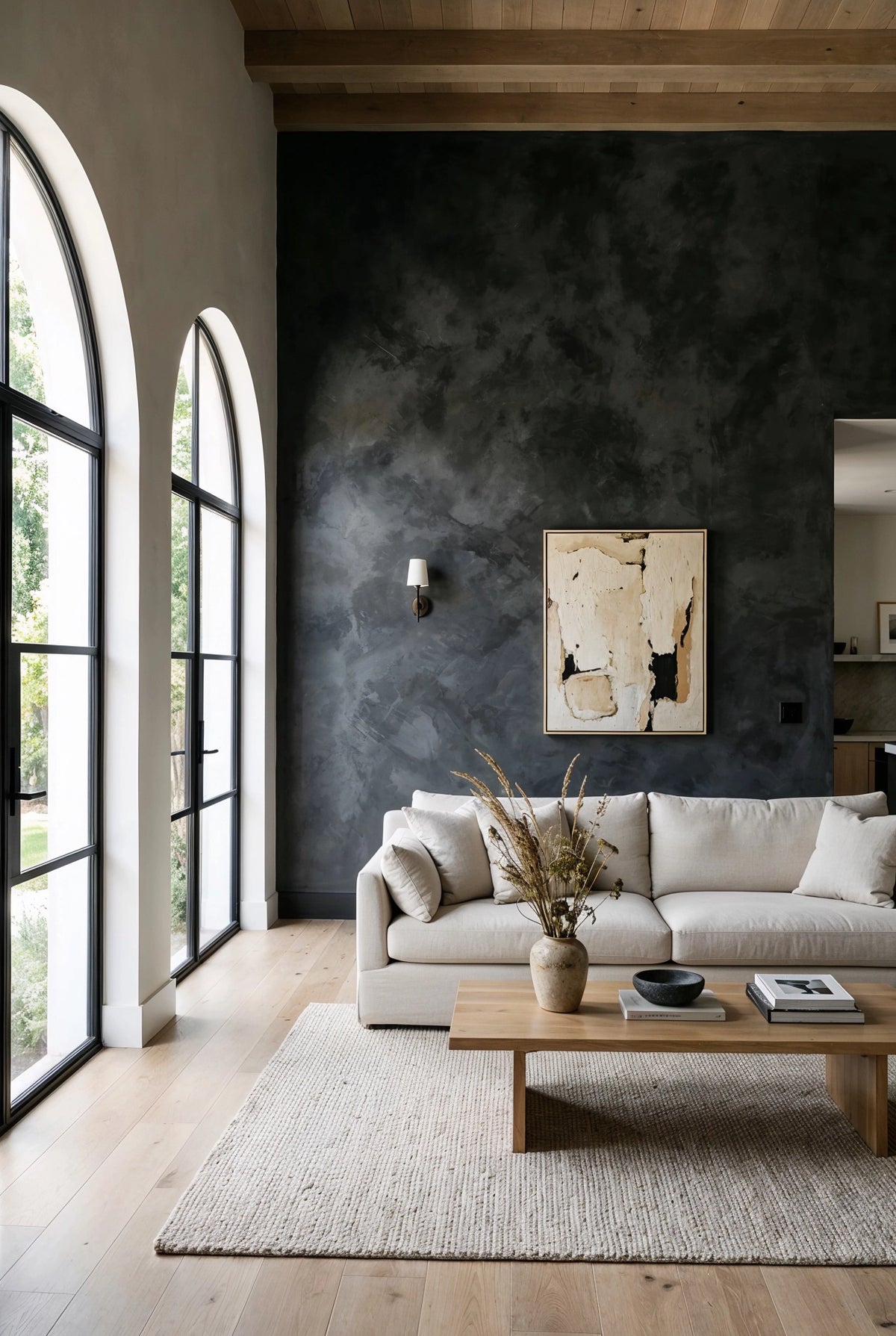 Black living room ideas with textured black limewash wall, tall arched windows, cream sofa, natural wood coffee table, neutral rug, and abstract artwork.