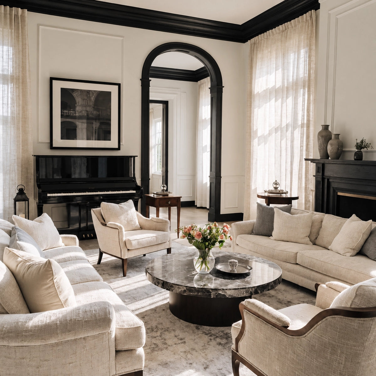 Black living room ideas with black crown molding, paneled lower walls, black-trimmed arched doorway, fireplace, grand piano, cream sofas, and neutral traditional decor.
