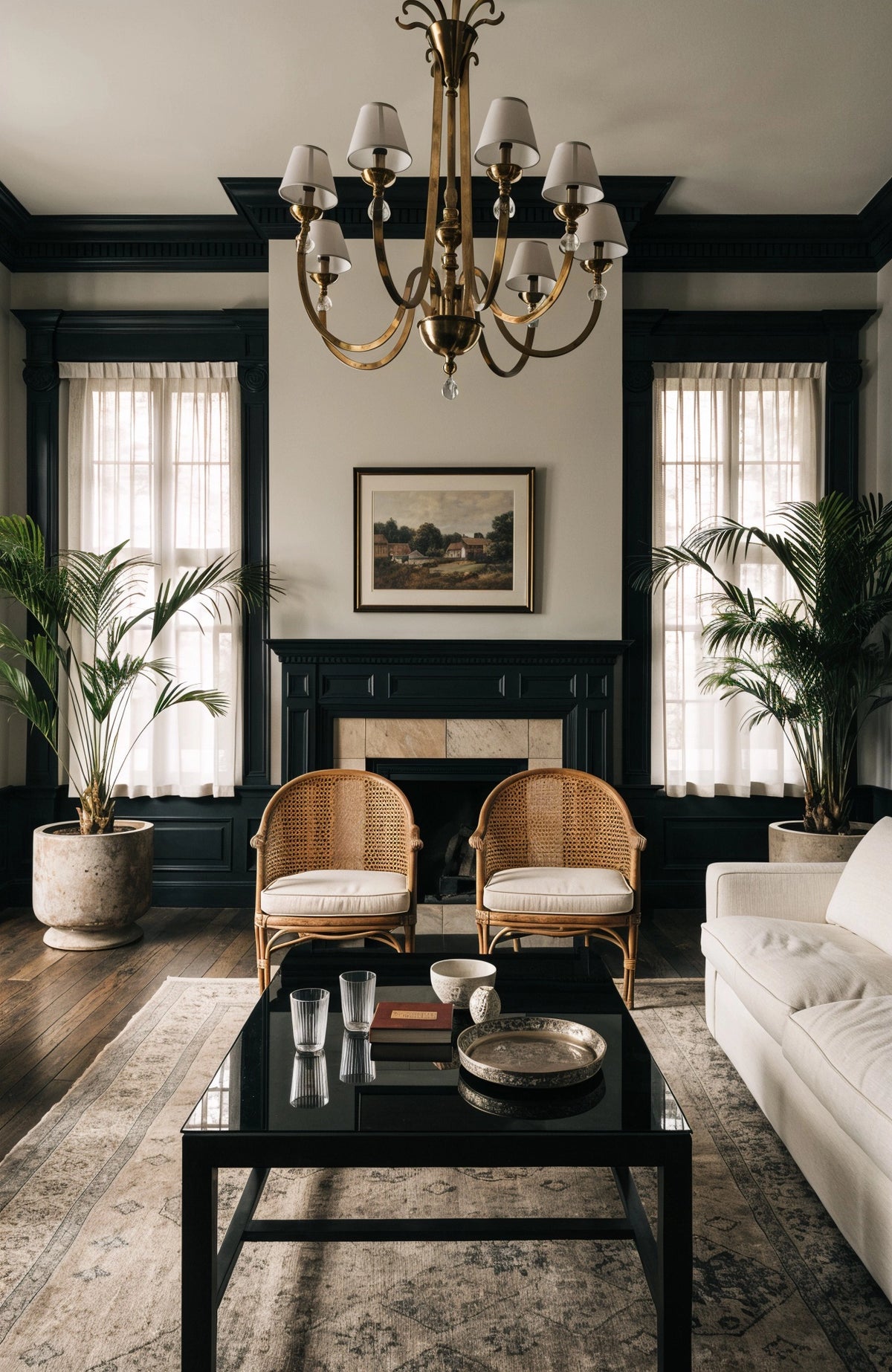 Black living room ideas with black crown molding, window trim and fireplace, woven cane chairs, brass chandelier, potted palms, pale sofa, and neutral rug.