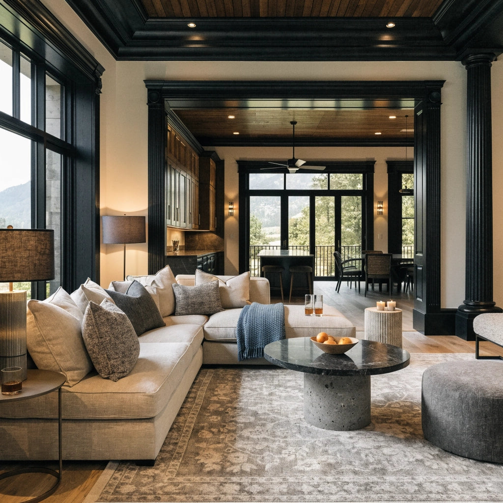 Black living room ideas with bold black molding, fluted columns, warm wood ceiling, cream sectional sofa, dark stone coffee table, neutral rug, and mountain views.