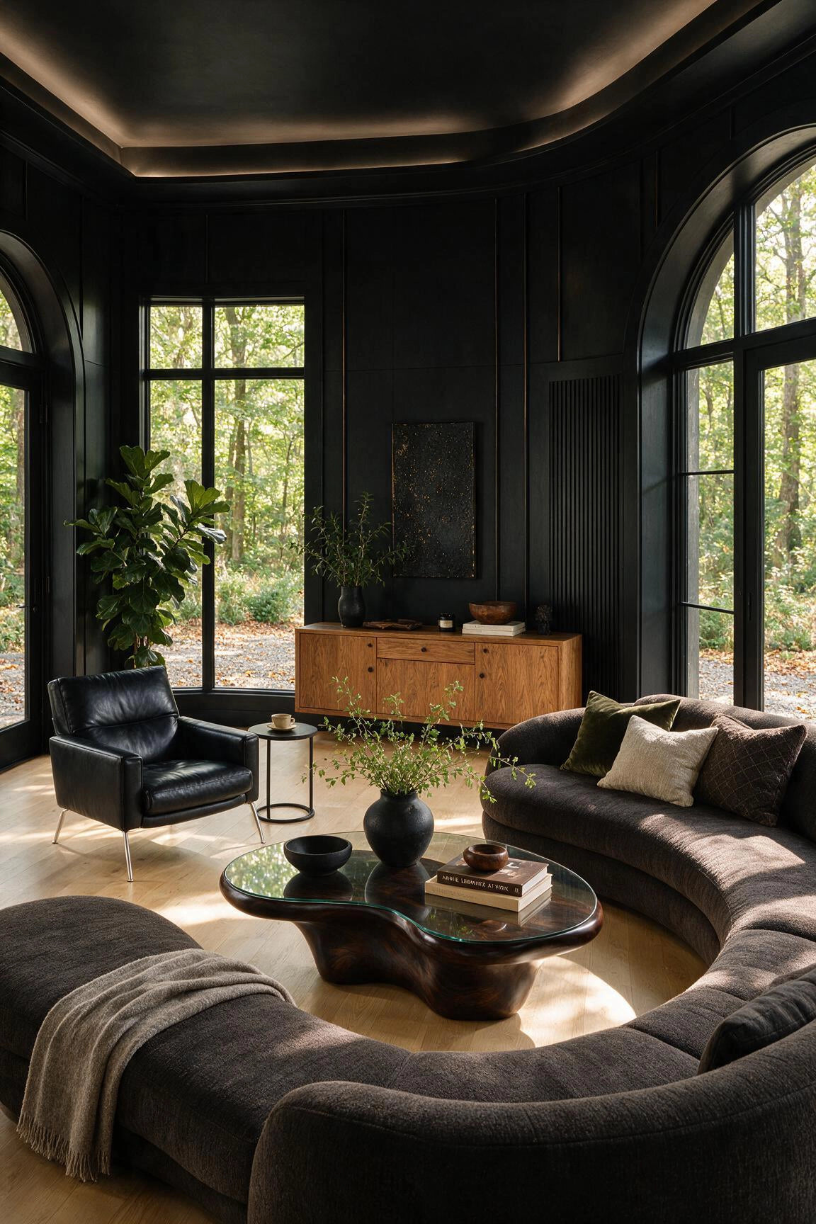 Black living room ideas with black paneled walls, arched windows, curved charcoal sofa, warm wood credenza, sculptural wood and glass coffee table, pale wood flooring, and indoor greenery.
