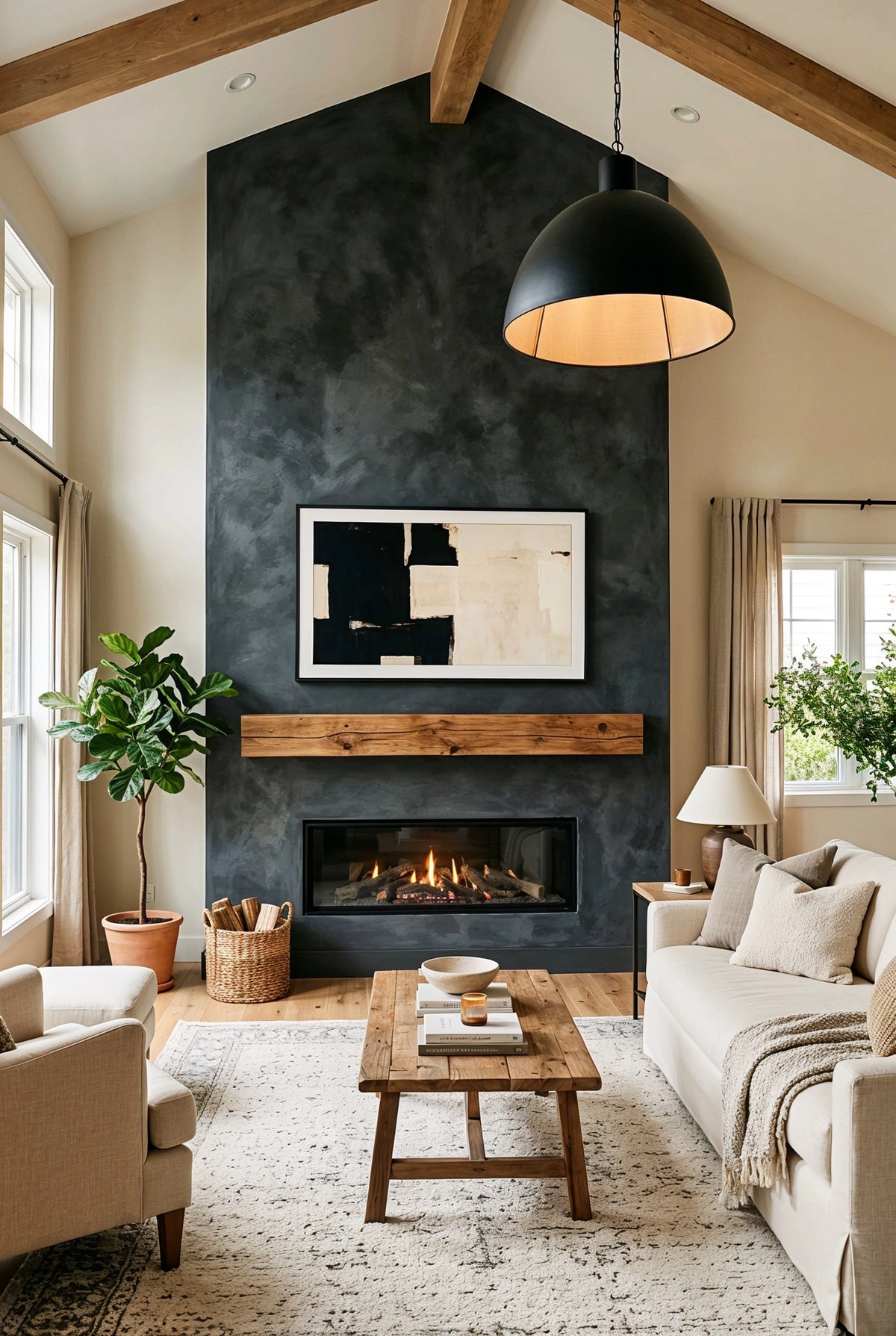 Black living room ideas with textured charcoal plaster fireplace wall, exposed wood ceiling beams, cream sofa, rustic wood coffee table, greenery, and black pendant light.
