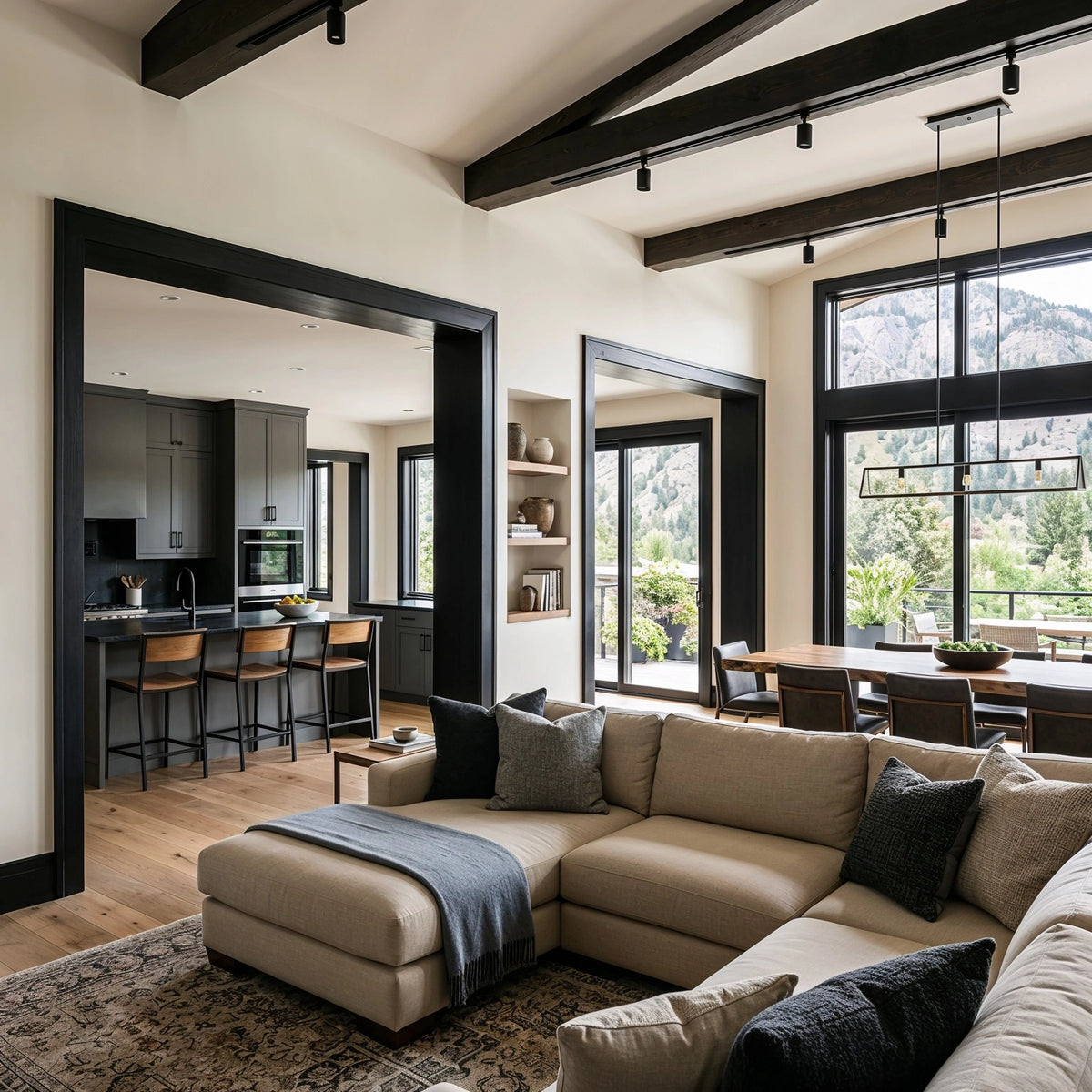 Black living room ideas with bold black doorway trim, exposed dark wood beams, beige sectional sofa, charcoal pillows, warm wood flooring, and mountain views.