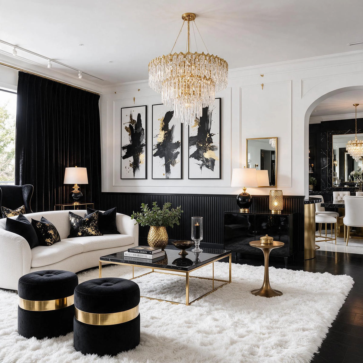 Black living room ideas with black velvet curtains and seating, white sofa, crystal chandelier, gold-framed glass coffee table, black and gold abstract wall art, brass accents, and white shag rug.