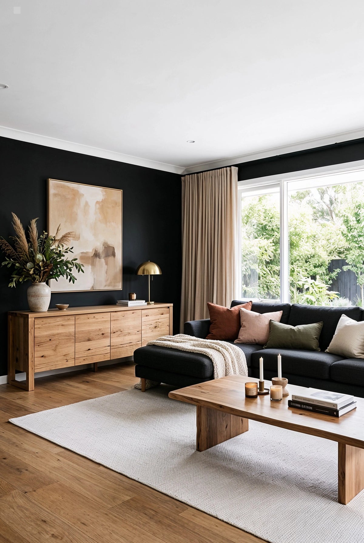 Black living room ideas with a black accent wall, charcoal sectional sofa, light wood sideboard, natural wood coffee table, warm wood flooring, earthy pillows, cream throw, and beige curtains.