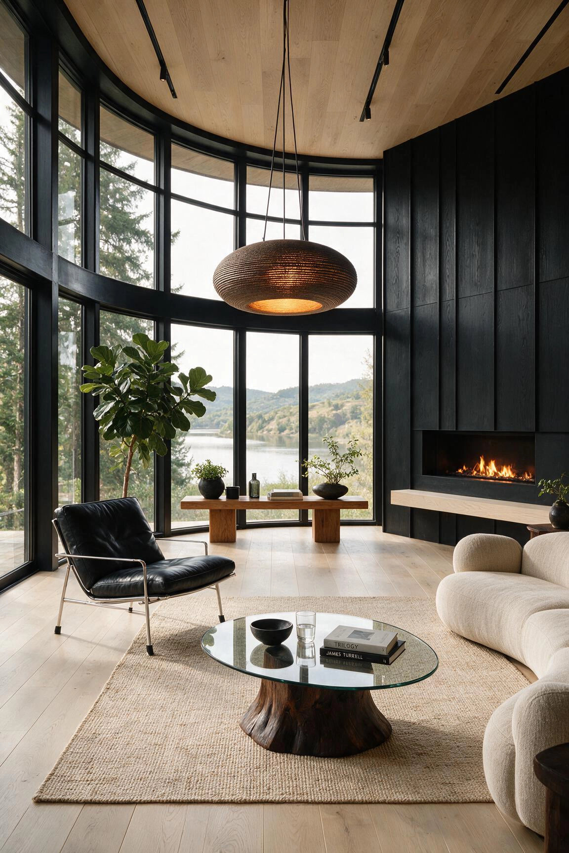 Black living room ideas with black paneled fireplace wall, natural wood ceiling and flooring, sculptural wood coffee table, cream curved sofa, woven pendant light, indoor tree, and large black-framed windows.