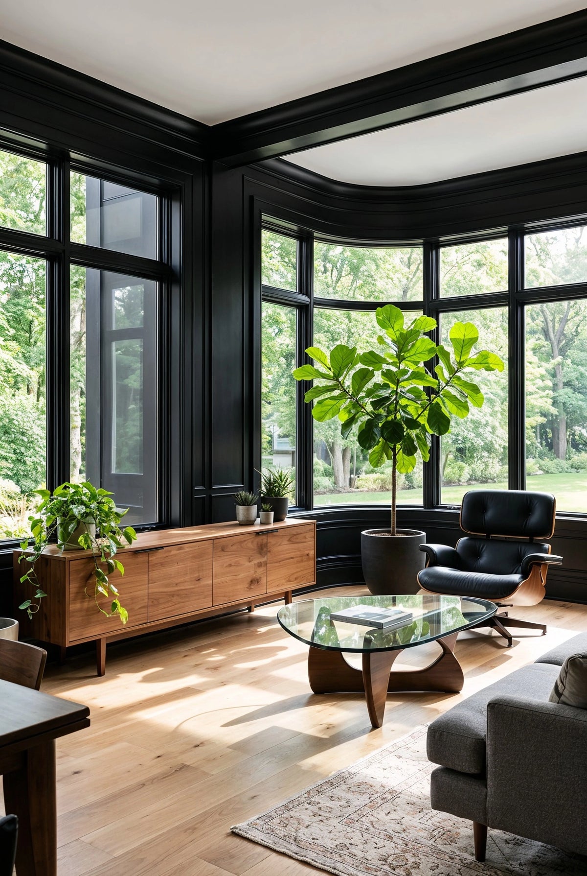 Black living room ideas with black walls and window trim, walnut credenza, glass and wood coffee table, black leather Eames-style lounge chair, pale wood flooring, and large indoor plants.