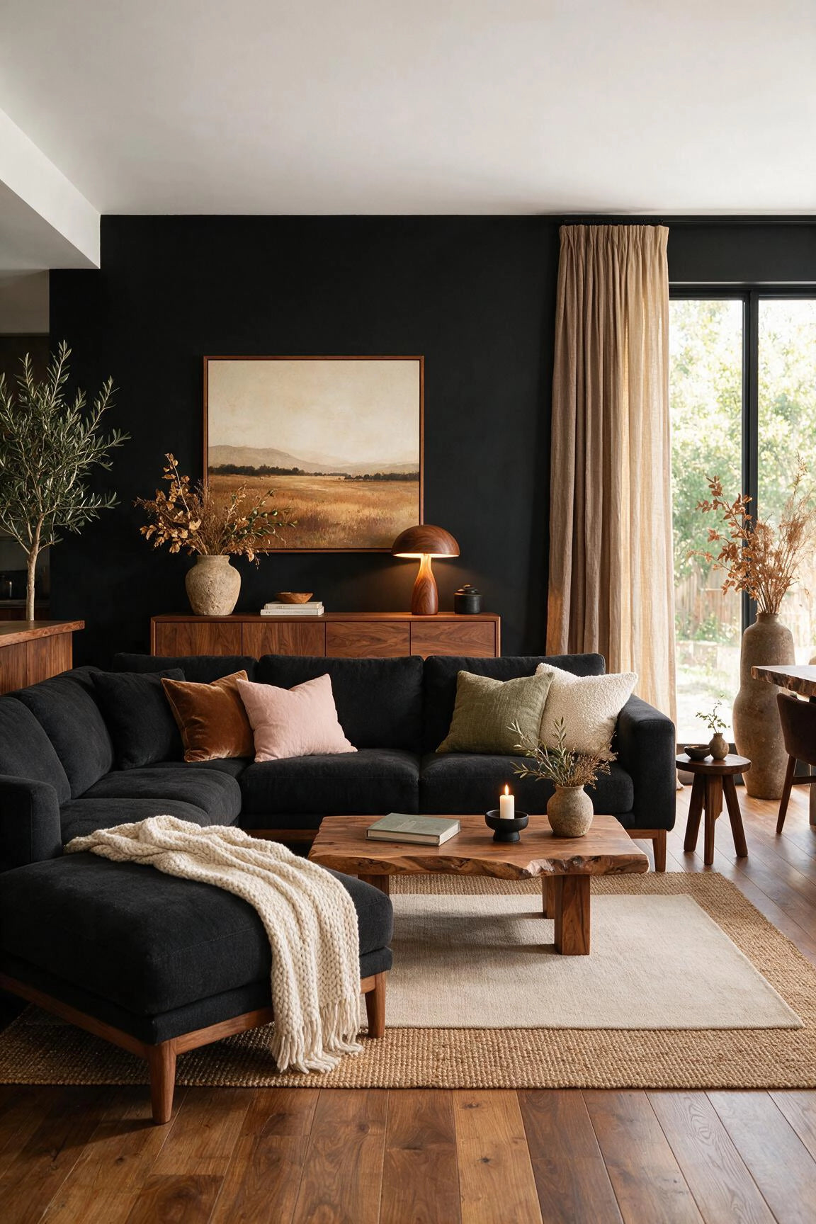 Black living room ideas with matte black walls, charcoal sectional sofa, walnut sideboard, live-edge wood coffee table, warm wood flooring, earthy pillows, cream knit throw, and natural greenery.