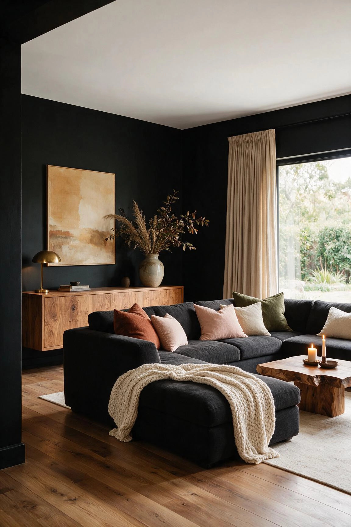 Black living room ideas with matte black walls, charcoal sectional sofa, walnut sideboard, live-edge wood coffee table, warm wood flooring, earthy pillows, cream knit throw, and beige curtains.