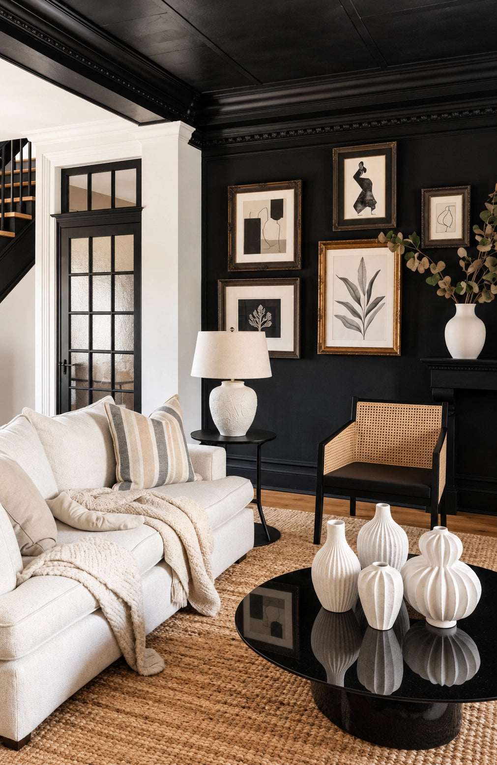 Black living room ideas with black walls and ceiling, warm white sofa, cane accent chair, monochrome gallery wall, black coffee table, white ceramic vases, and woven jute rug.