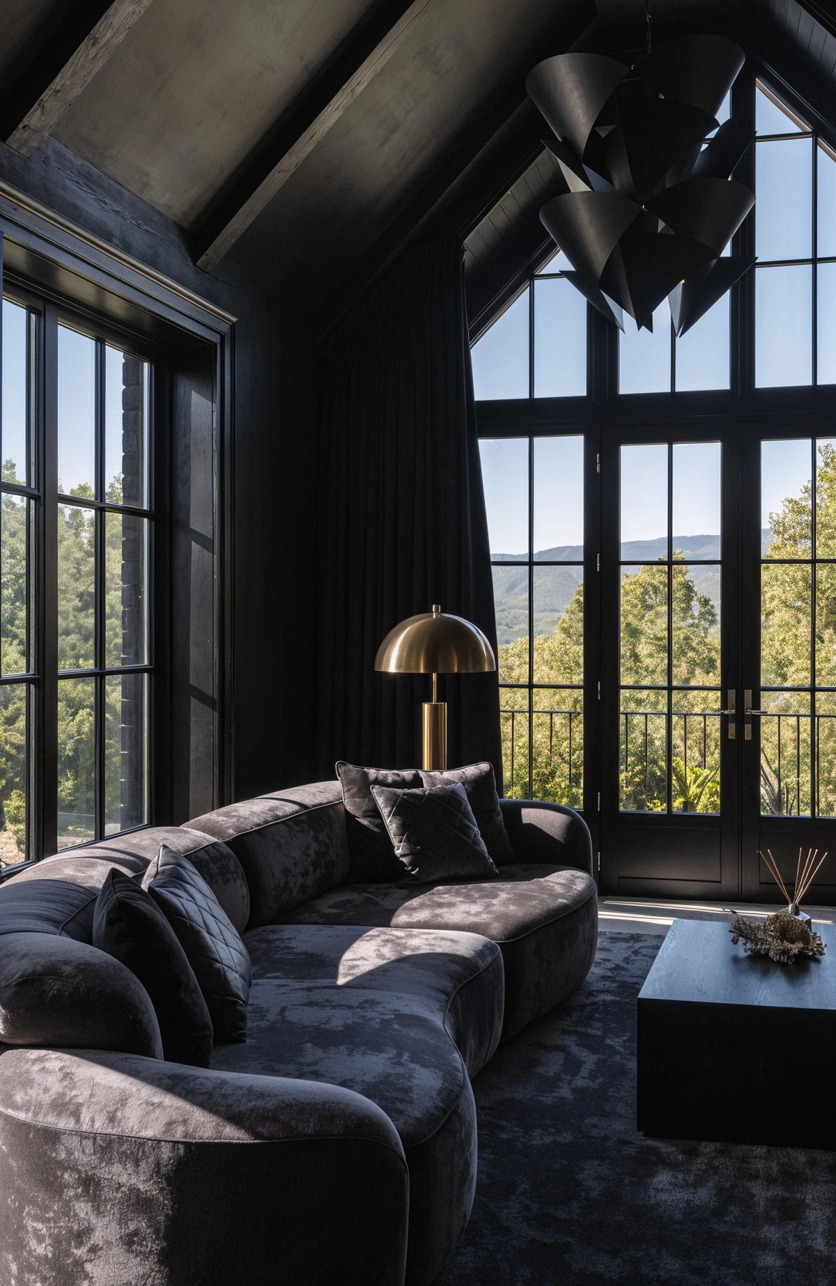 Black living room ideas with floor-to-ceiling black-framed windows and doors, vaulted dark ceiling, curved charcoal sofa, sculptural pendant light, and wooded views.