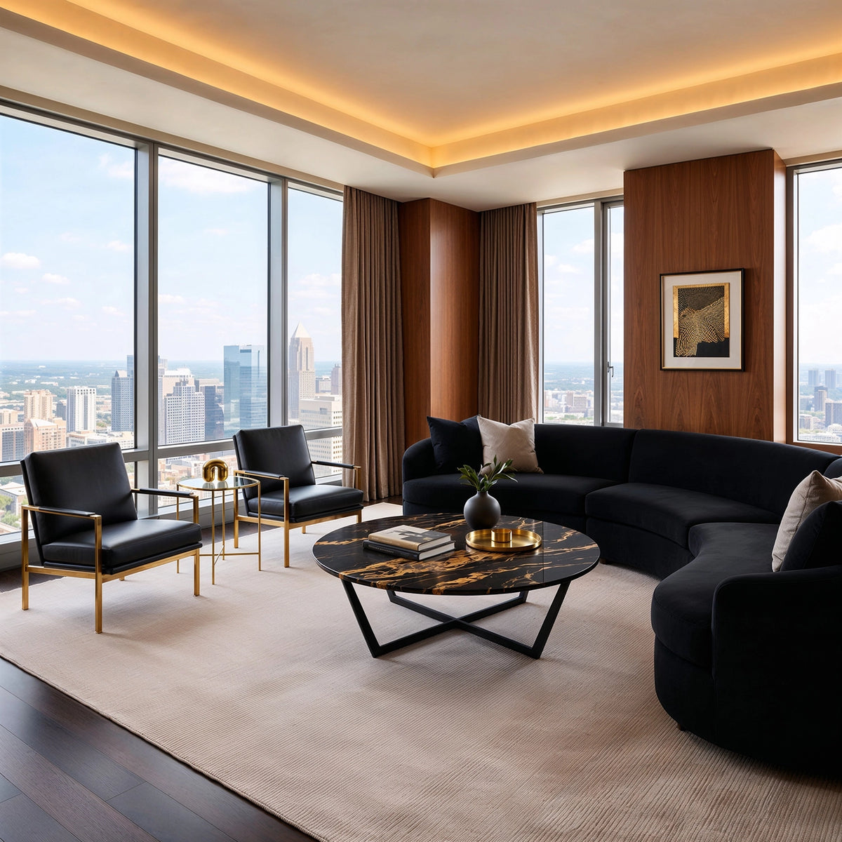 Black living room ideas with curved black sectional, brass-framed lounge chairs, black marble coffee table with gold veining, walnut wall paneling, cream area rug, and floor-to-ceiling city windows.