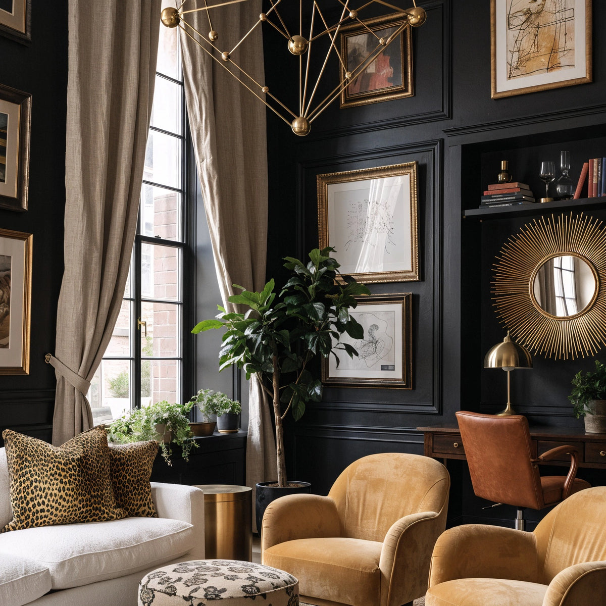 Black living room ideas with black paneled walls, golden velvet chairs, brass chandelier, sunburst mirror, cognac leather desk chair, framed artwork, taupe curtains, and greenery.