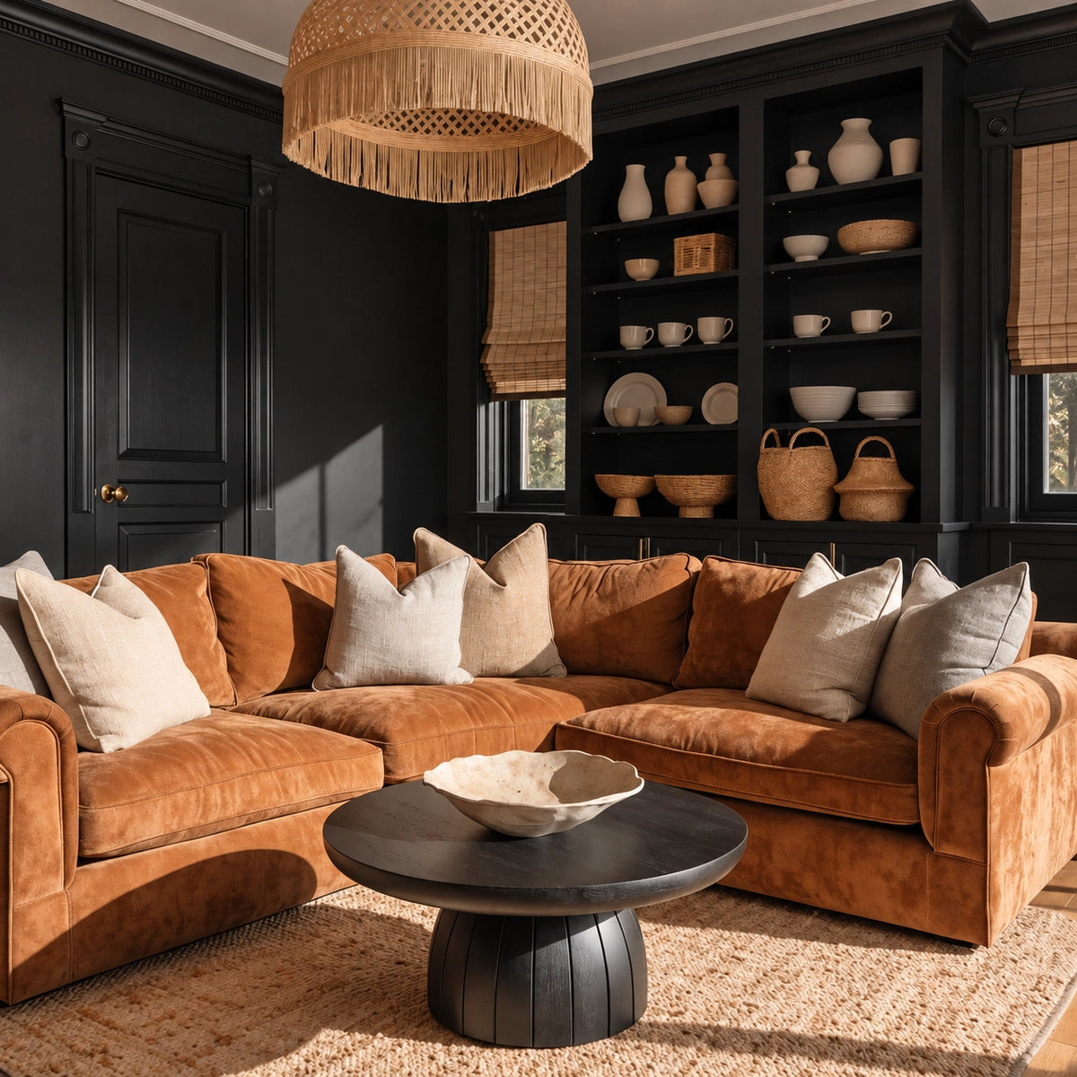 Black living room ideas with caramel brown sectional sofa, black paneled walls and built-in shelves, cream pillows, black pedestal coffee table, woven pendant light, bamboo shades, and natural baskets.