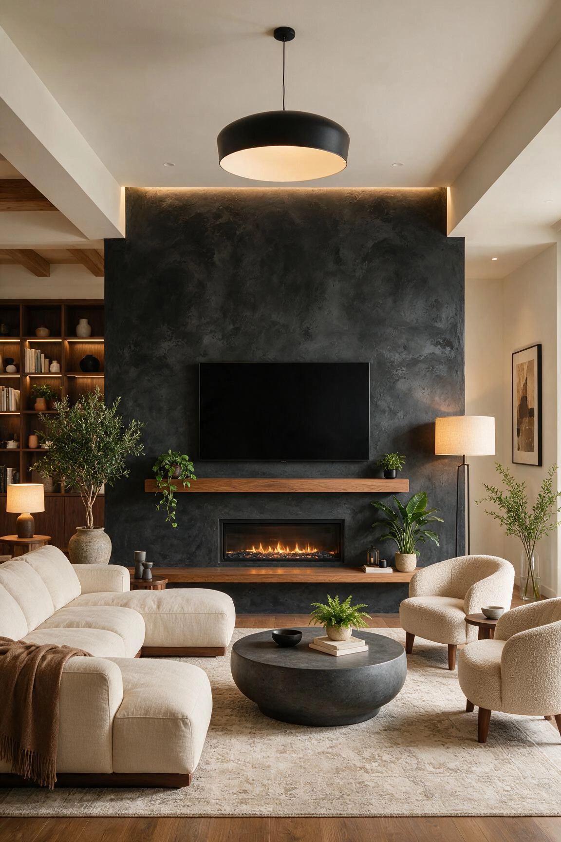 Black living room ideas with textured charcoal plaster fireplace wall, cream sectional sofa, curved accent chairs, warm wood mantel, greenery, and soft ambient lighting.