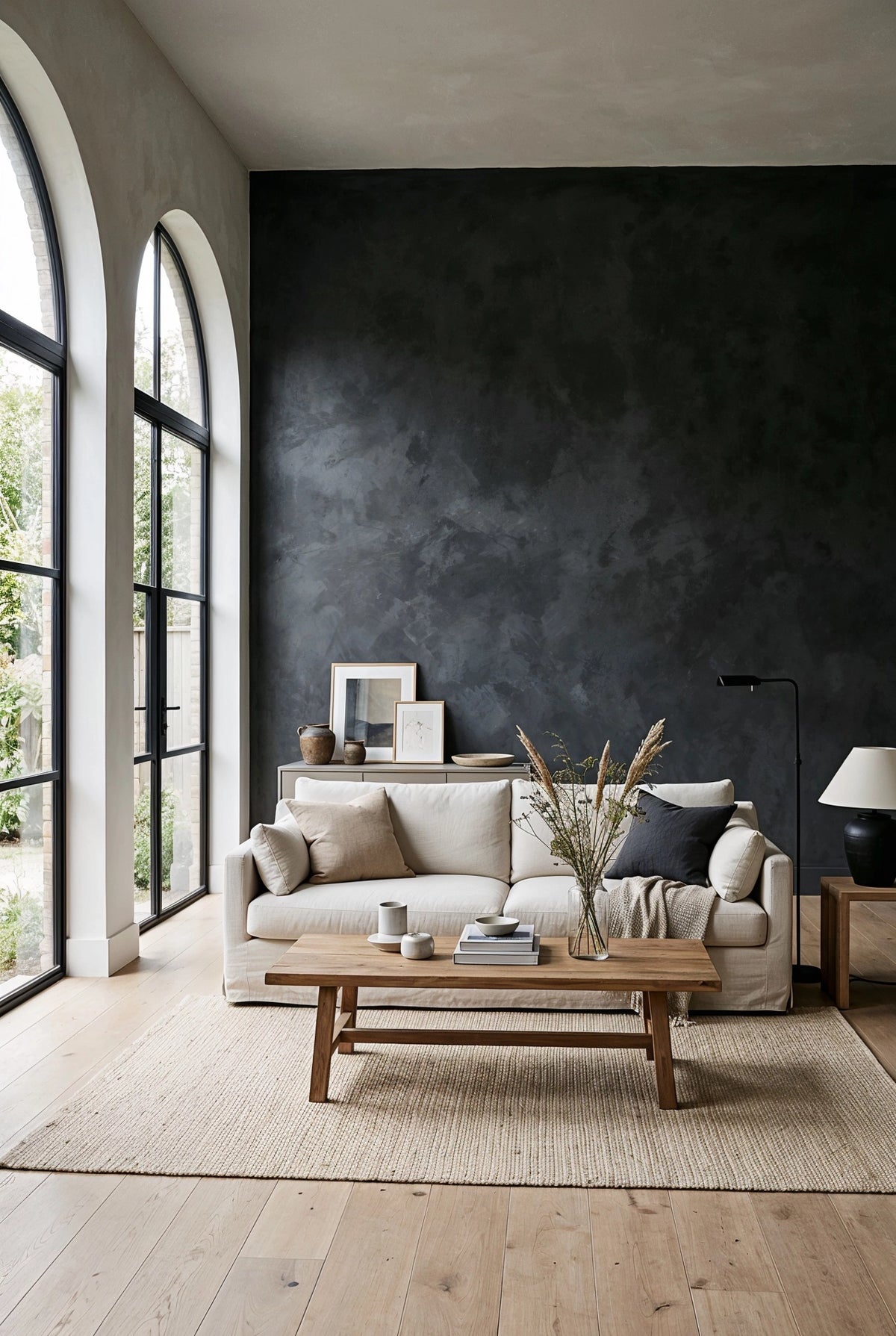 Black living room ideas with textured charcoal plaster wall, tall arched black-framed windows, cream sofa, natural wood coffee table, woven rug, and neutral decor.