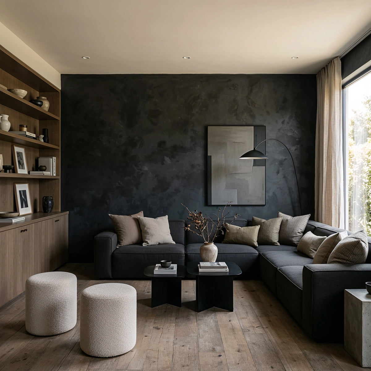Black living room ideas with textured charcoal plaster wall, dark sectional sofa, warm wood built-ins, abstract artwork, cream bouclé stools, and neutral decor.