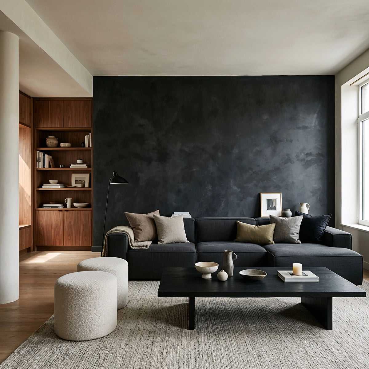 Black living room ideas with textured charcoal plaster wall, dark sectional sofa, warm walnut built-ins, cream bouclé stools, neutral rug, and earthy pillows.