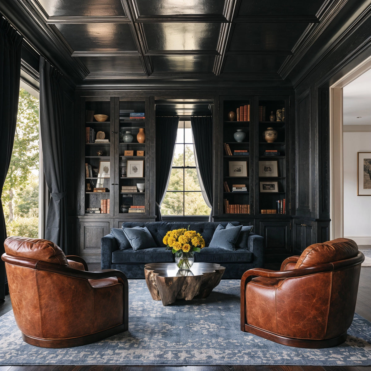 Black living room ideas with a coffered black ceiling, built-in bookcases, deep blue velvet sofa, cognac leather chairs, and a blue-gray area rug.