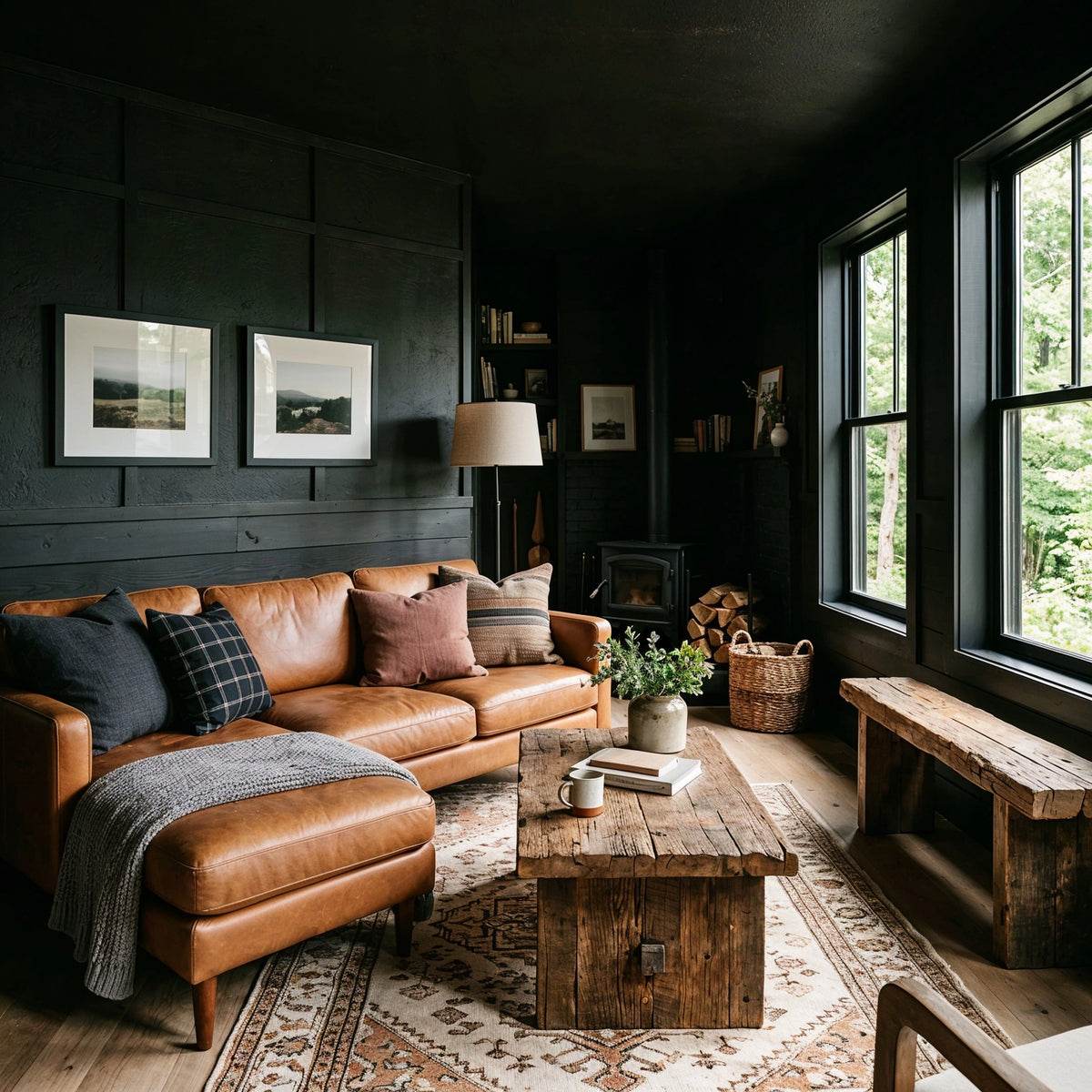 Black living room ideas with black paneled walls and ceiling, cognac leather sectional, reclaimed wood coffee table and bench, patterned rug, and rustic decor.
