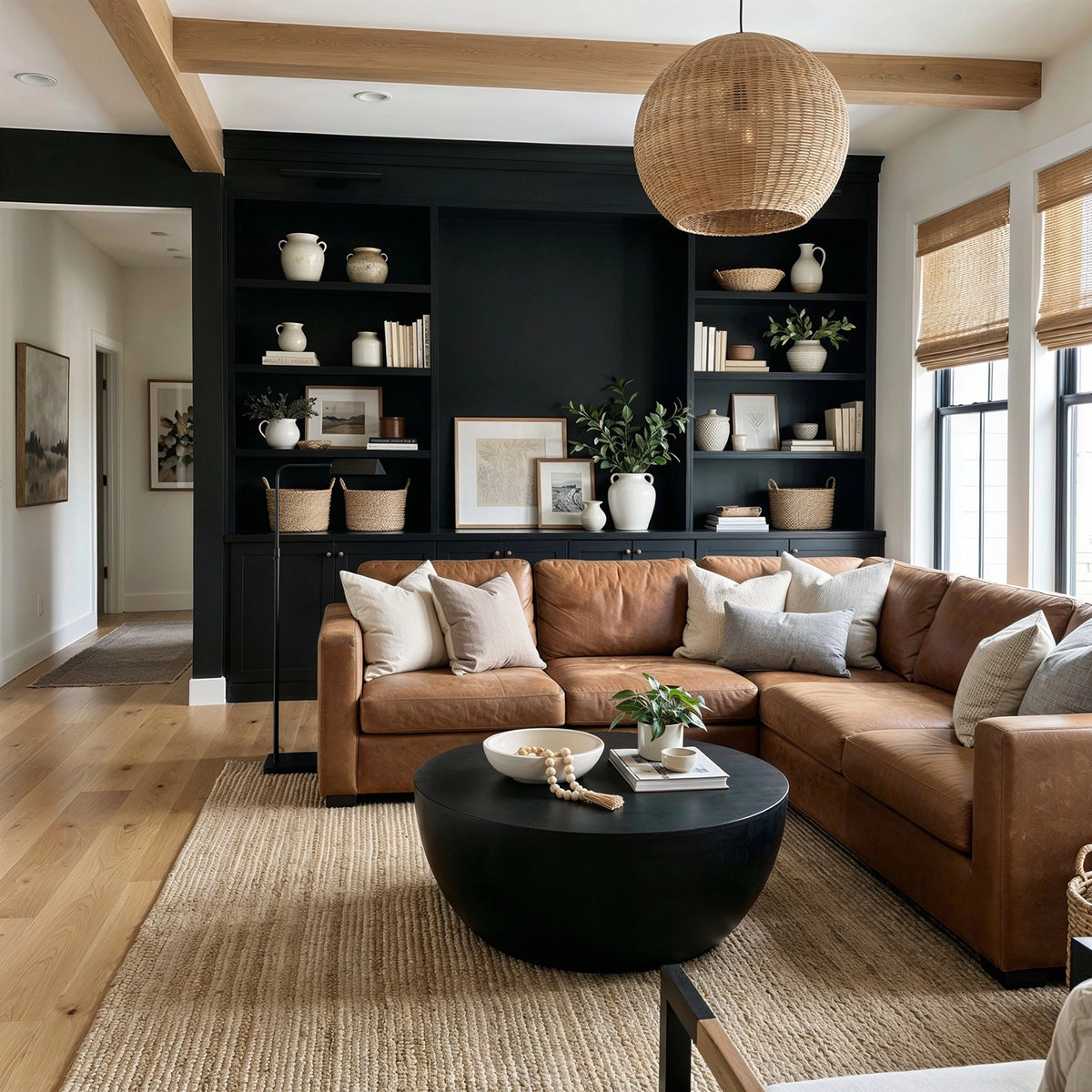 Black living room ideas with cognac leather sectional, full-height black built-in shelves, black round coffee table, woven pendant light, pale wood beams and flooring, beige rug, and neutral decor.