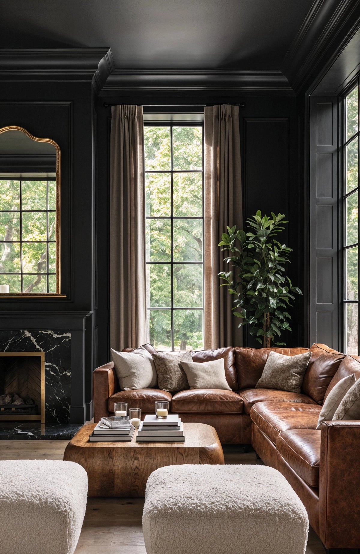 Black living room ideas with black paneled walls, cognac leather sectional sofa, cream bouclé ottomans, wood coffee table, black marble fireplace, and tall windows.