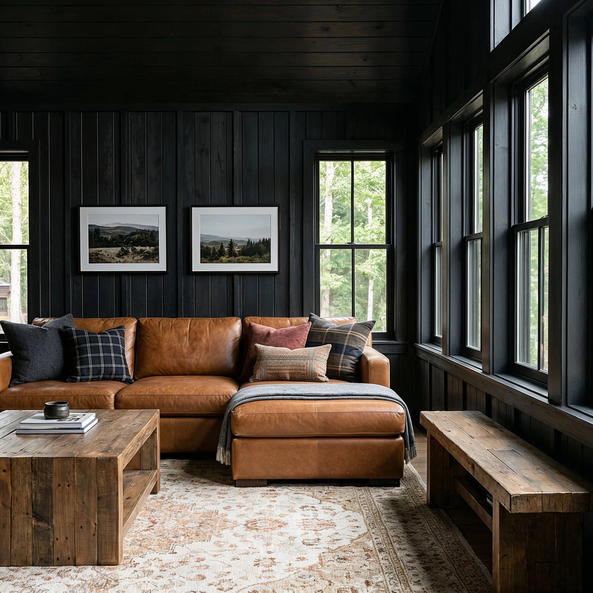 Black living room ideas with black wood-paneled walls and ceiling, cognac leather sectional, reclaimed wood coffee table and bench, plaid pillows, and large windows.