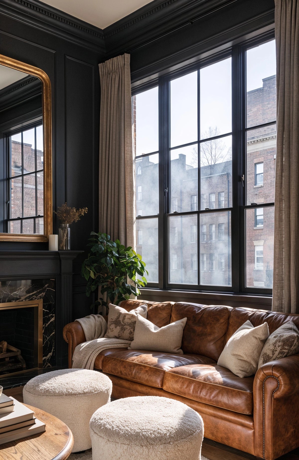 Black living room ideas with black paneled walls, cognac leather sofa, cream bouclé ottomans, black marble fireplace, large windows, and neutral curtains.
