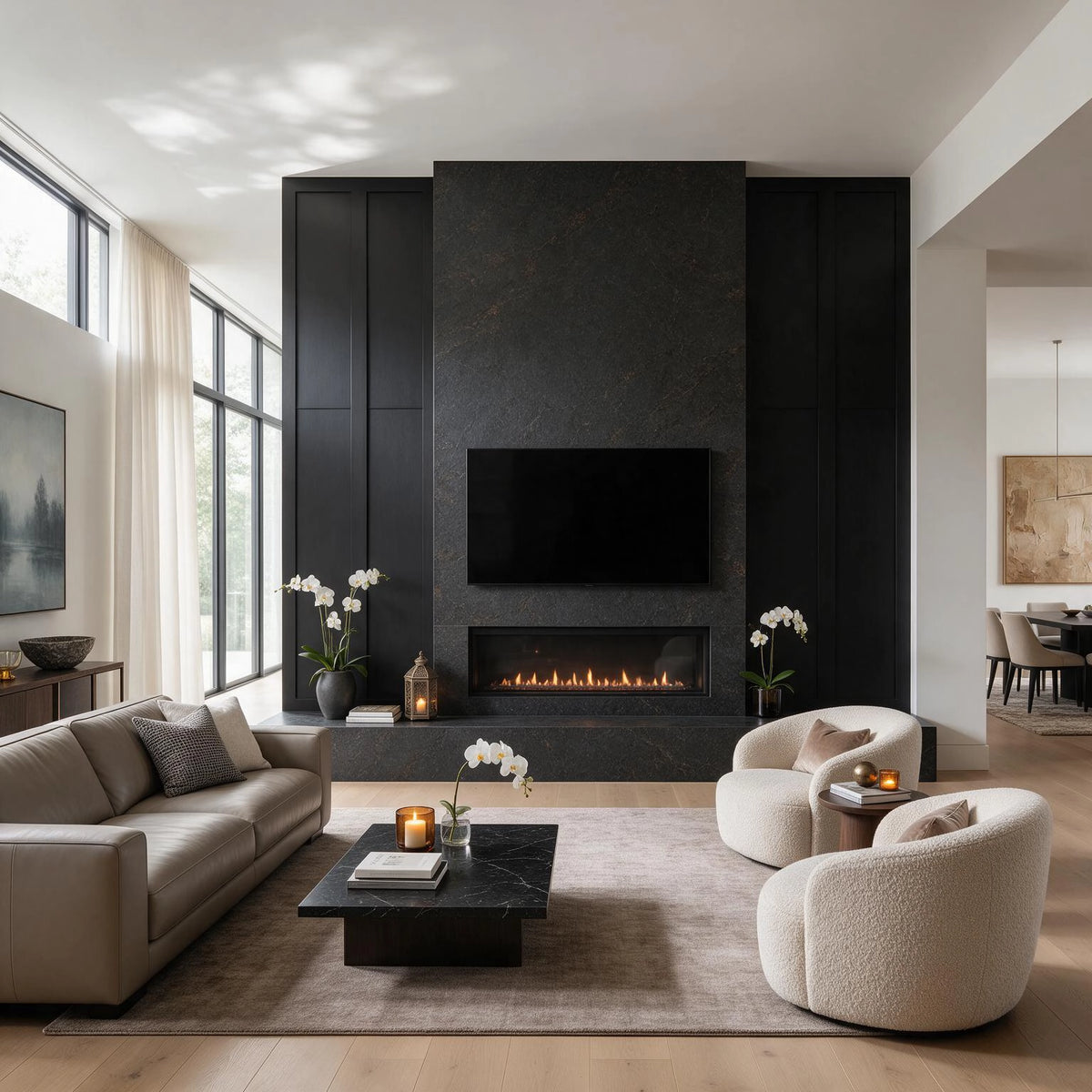 Black living room ideas with a floor-to-ceiling black fireplace wall, integrated TV and linear fireplace, taupe sofa, cream bouclé chairs, black coffee table, and white orchids.