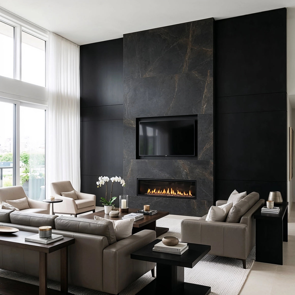 Black living room ideas with a floor-to-ceiling black stone fireplace and media wall, integrated TV, taupe sofas, pale lounge chairs, dark wood tables, and white orchids.