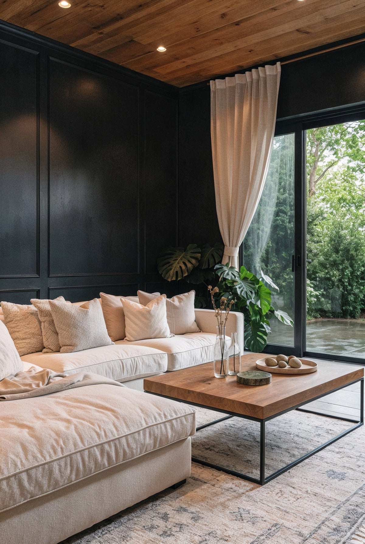 Black living room ideas with paneled black walls, warm wood ceiling, cream sectional sofa, wood coffee table, greenery, and large glass doors.