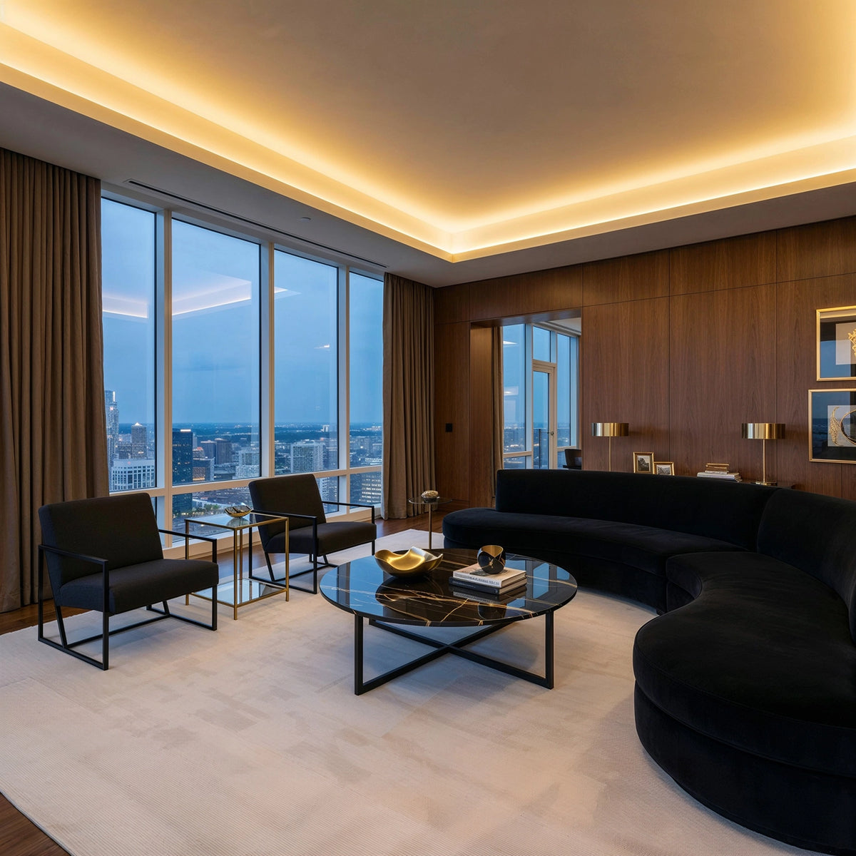 Black living room ideas with curved black sectional, black lounge chairs, black marble coffee table with gold veining, brass side tables, walnut wall paneling, warm cove lighting, and floor-to-ceiling city views.