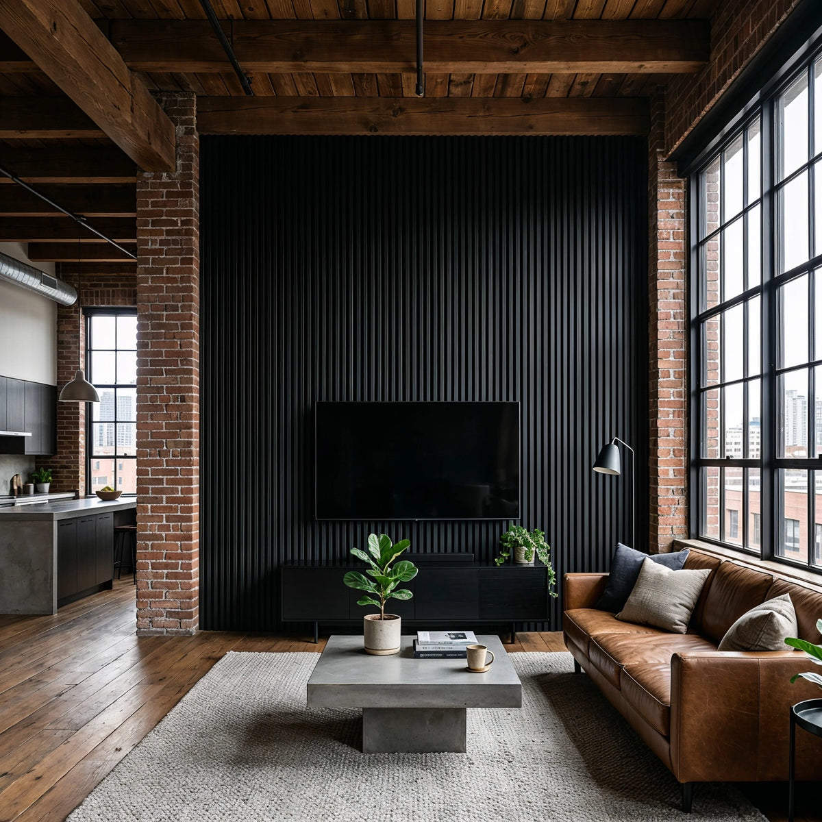 Black living room ideas with floor-to-ceiling fluted black media wall, exposed brick columns, cognac leather sofa, concrete coffee table, timber beams, and large industrial windows.