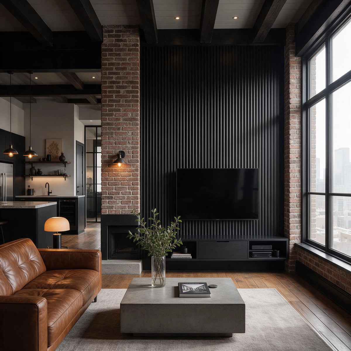 Black living room ideas with floor-to-ceiling fluted black media wall, exposed brick columns, cognac leather sofa, concrete coffee table, wood flooring, and large industrial windows.