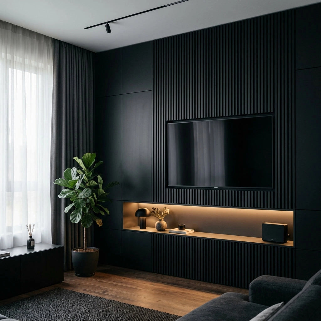 Black living room ideas with fluted black media wall, integrated warm lighting, built-in black cabinetry, wall-mounted TV, greenery, and warm wood flooring.