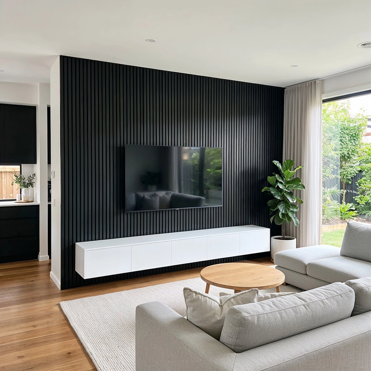 Black living room ideas with floor-to-ceiling fluted black media wall, white floating console, pale gray sectional sofa, wood coffee table, greenery, and warm wood flooring.