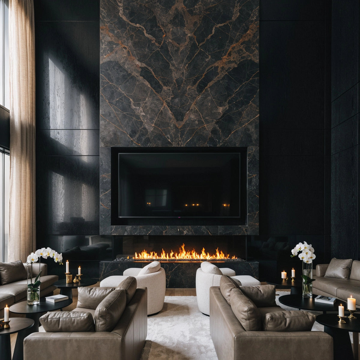 Black living room ideas with a floor-to-ceiling black marble fireplace wall, integrated TV, linear fireplace, taupe leather sofas, cream lounge chairs, white orchids, and black side tables.