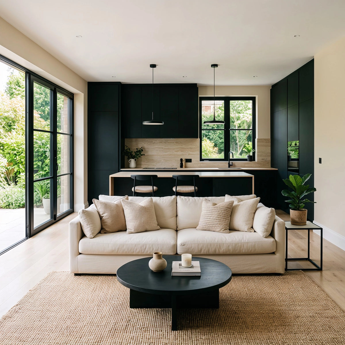 Black living room ideas with matte black kitchen cabinetry, cream sofa, beige textured pillows, black round coffee table, woven rug, light wood flooring, and black-framed garden doors.