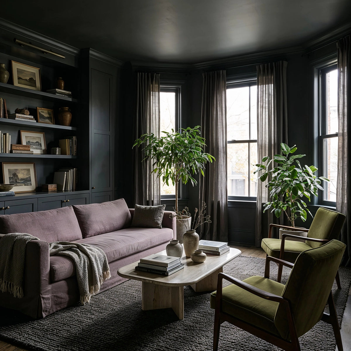 Black living room ideas with black built-in shelving, muted mauve sofa, olive lounge chairs, sculptural light coffee table, greenery, and tall windows.