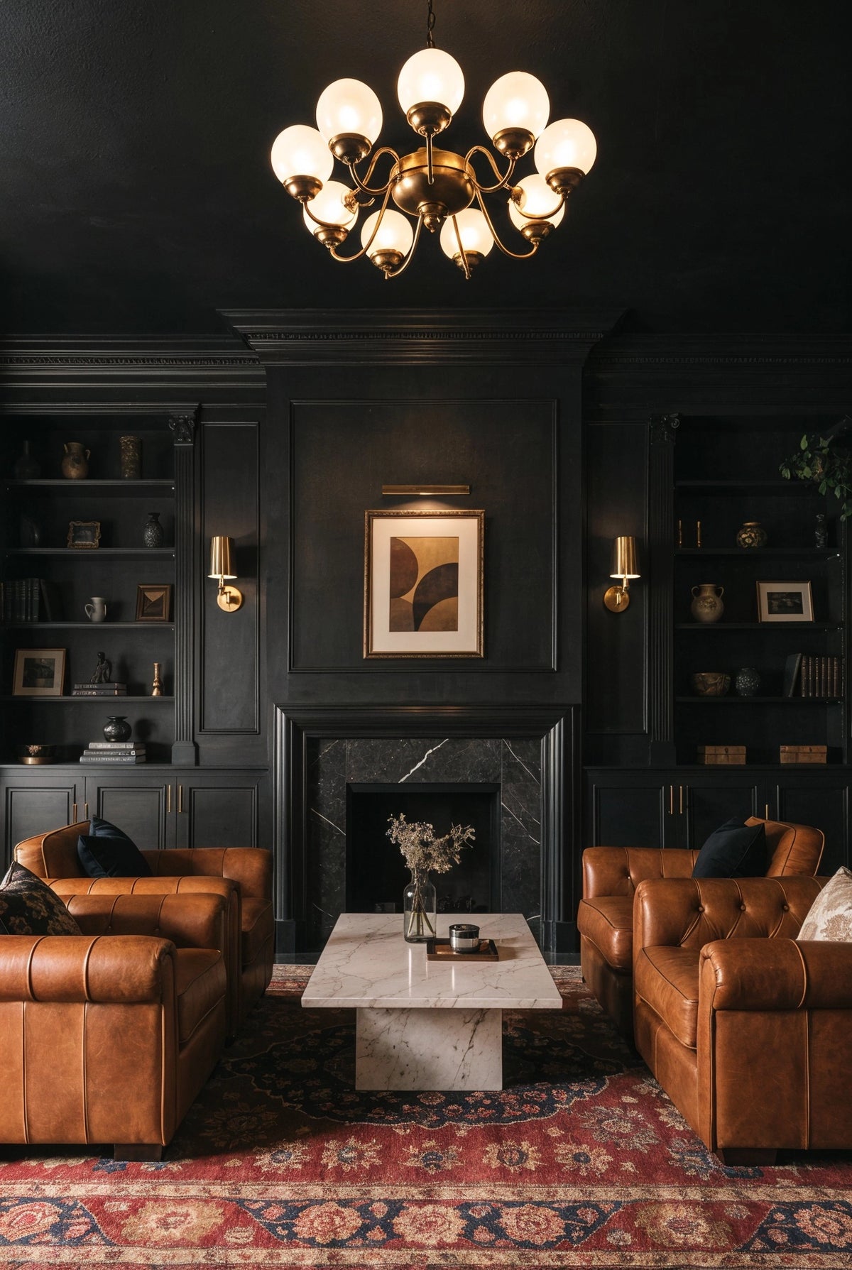 Black living room ideas with paneled black walls and ceiling, black fireplace, built-in shelving, cognac leather chairs, brass chandelier, marble coffee table, and red patterned rug.