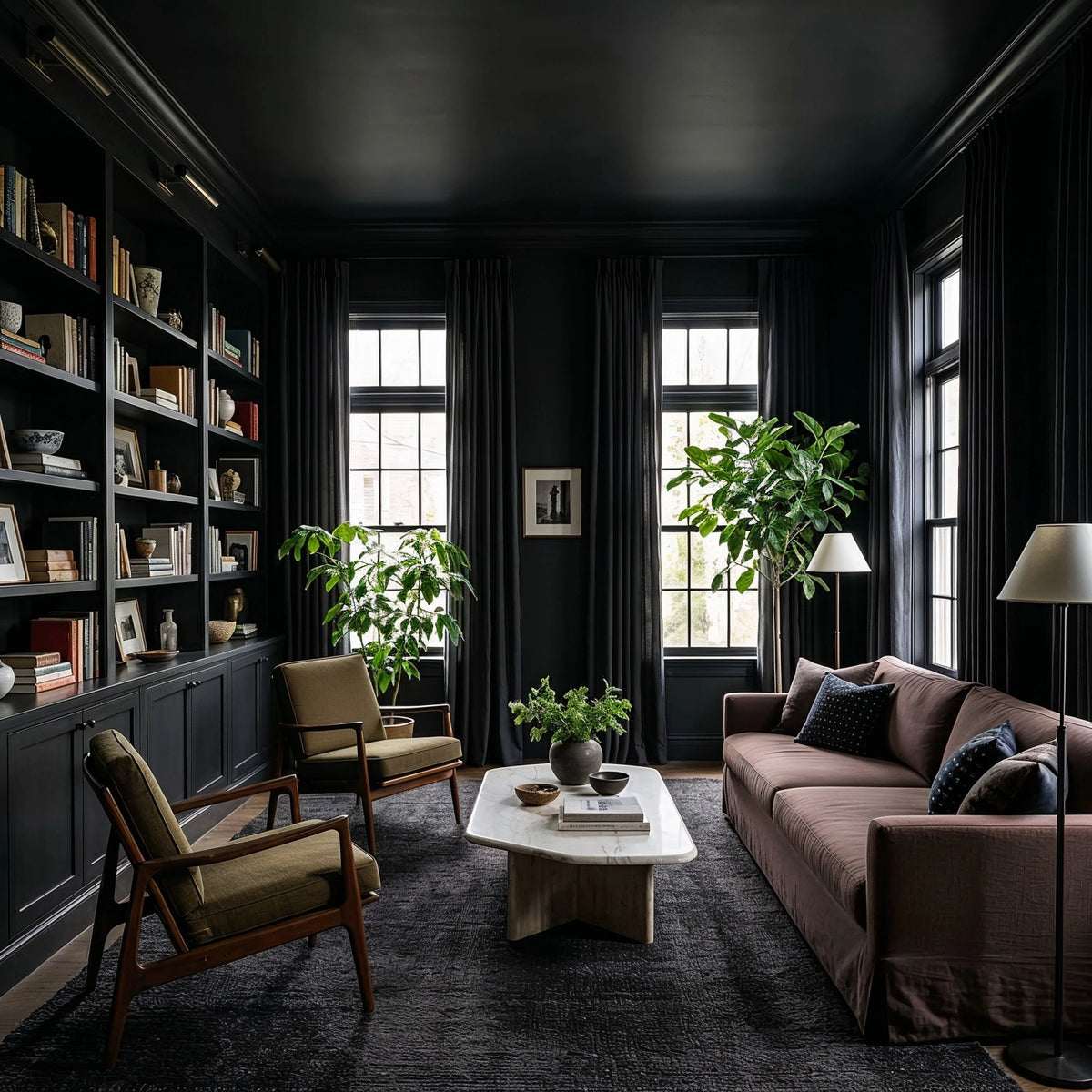 Black living room ideas with black built-in bookcases, muted mauve sofa, olive lounge chairs, sculptural white coffee table, greenery, and tall windows.